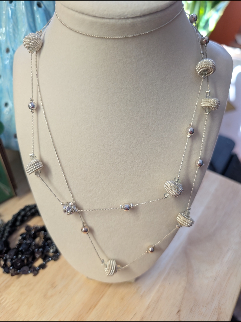 Elegant Silver-Tone Layered Bead Necklace - White